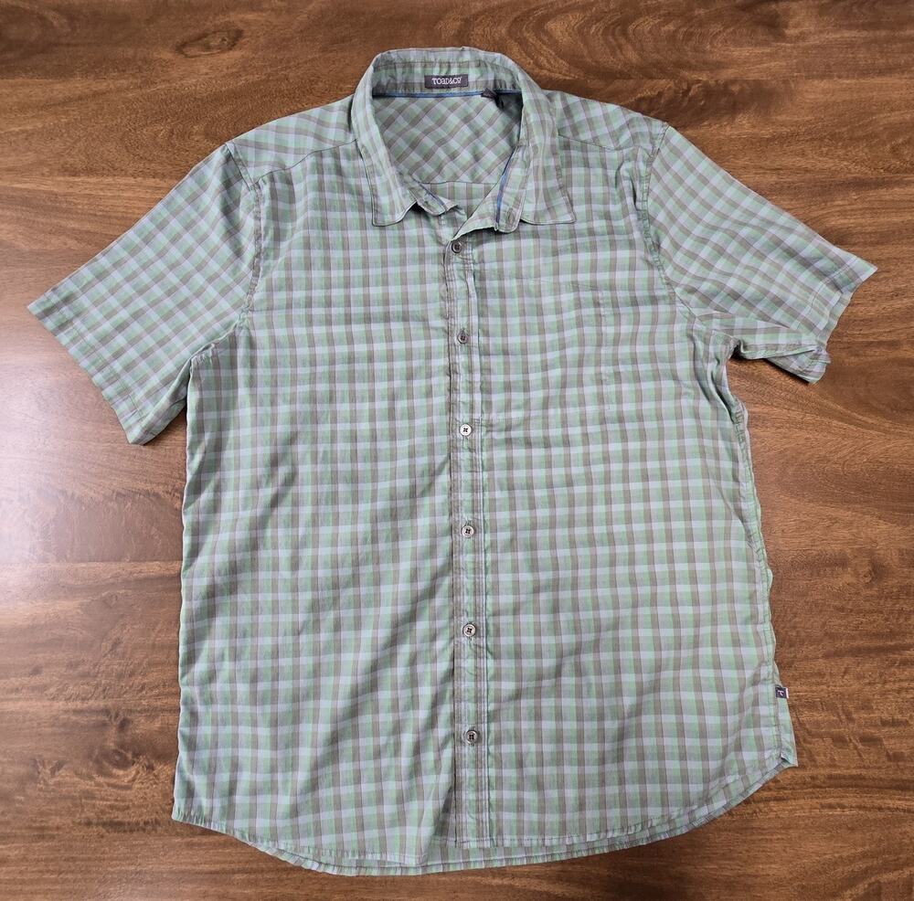 Toad & Co Panorama Shirt Mens Large Green Gray Plaid Short Sleeve Organic Cotton